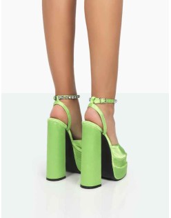 Frozen Lime Satin Sparkly Diamante Strap Open Toe Block Platform Heels