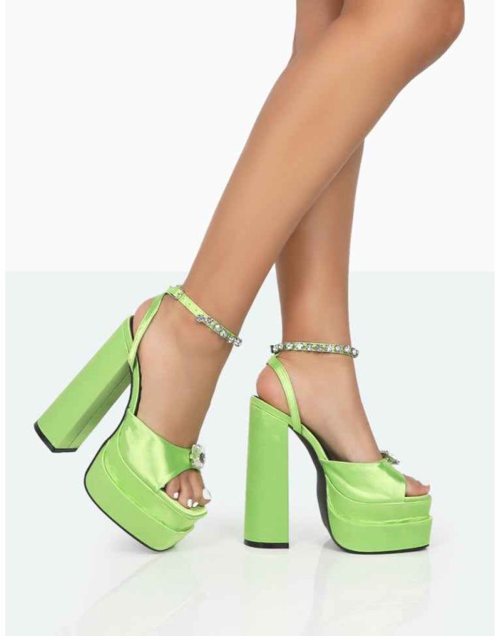 Frozen Lime Satin Sparkly Diamante Strap Open Toe Block Platform Heels