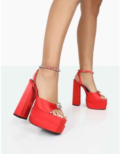 Frozen Red Satin Sparkly Diamante Strap Open Toe Block Platform Heels