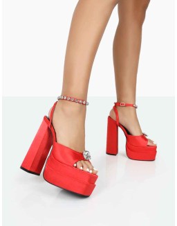 Frozen Red Satin Sparkly Diamante Strap Open Toe Block Platform Heels