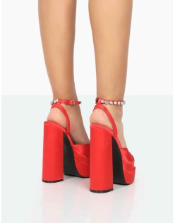 Frozen Red Satin Sparkly Diamante Strap Open Toe Block Platform Heels