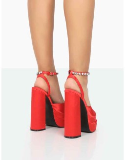 Frozen Red Satin Sparkly Diamante Strap Open Toe Block Platform Heels