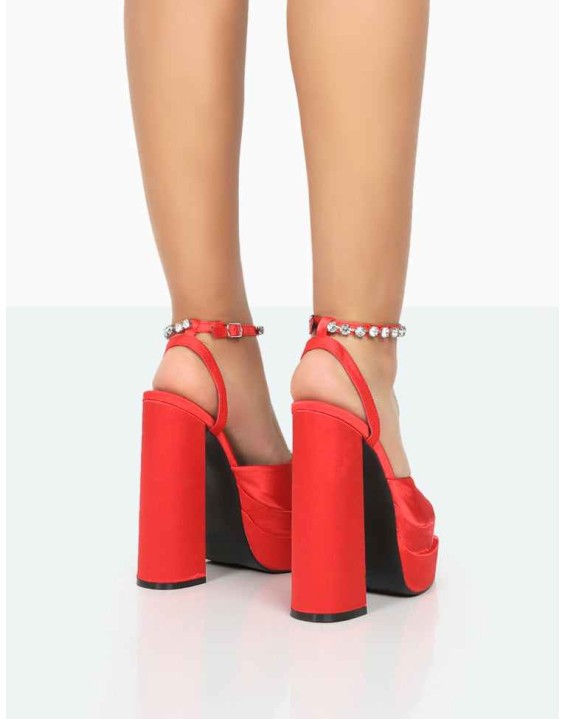 Frozen Red Satin Sparkly Diamante Strap Open Toe Block Platform Heels