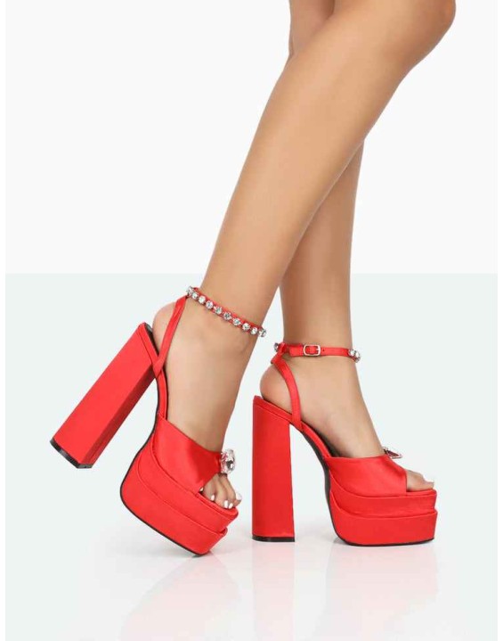 Frozen Red Satin Sparkly Diamante Strap Open Toe Block Platform Heels