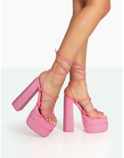 Glow Girl Pink Diamante PU Lace Up Platform High Heels