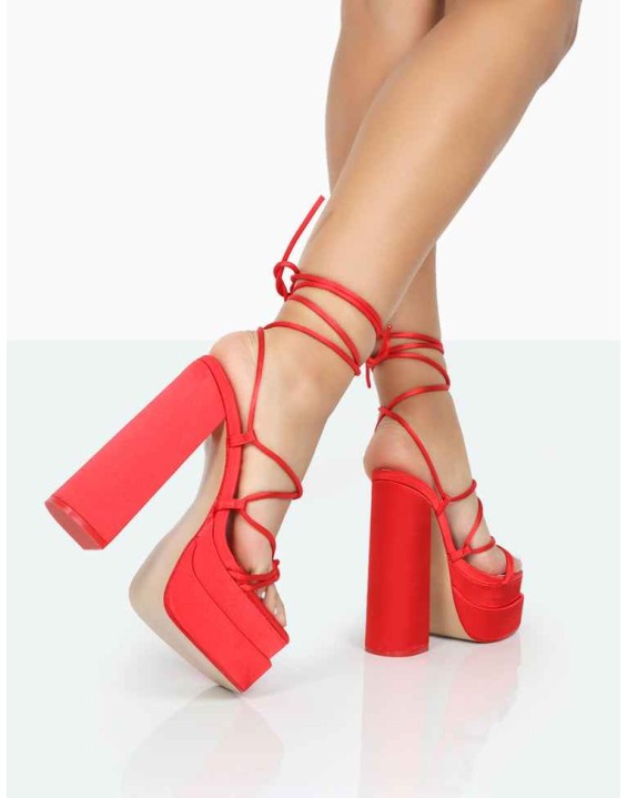 Glow Girl Red Satin PU Lace Up Platform High Heels