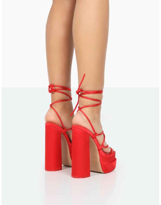 Glow Girl Red Satin PU Lace Up Platform High Heels