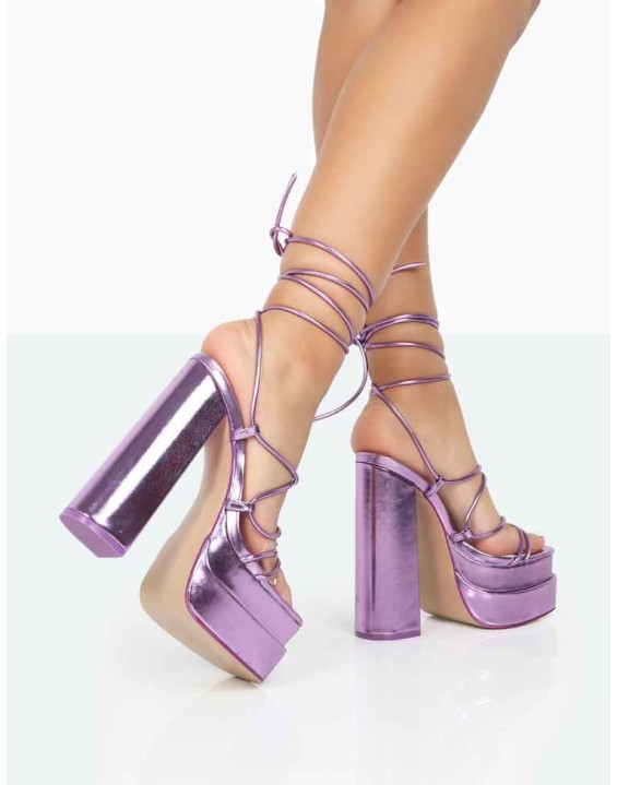 Glow Girl Purple Metallic PU Lace Up Platform High Heels