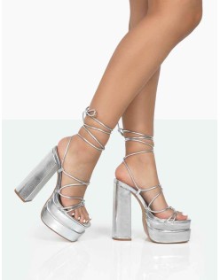 Glow Girl Silver Metallic PU Lace Up Platform High Heels