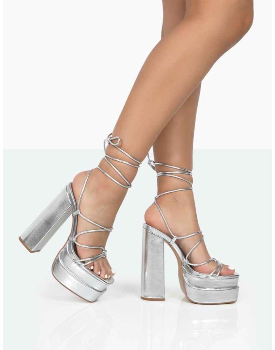Glow Girl Silver Metallic PU Lace Up Platform High Heels