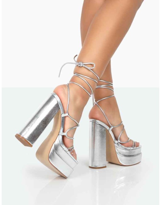 Glow Girl Silver Metallic PU Lace Up Platform High Heels
