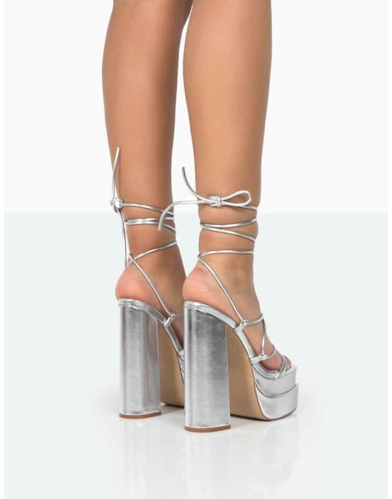 Glow Girl Silver Metallic PU Lace Up Platform High Heels