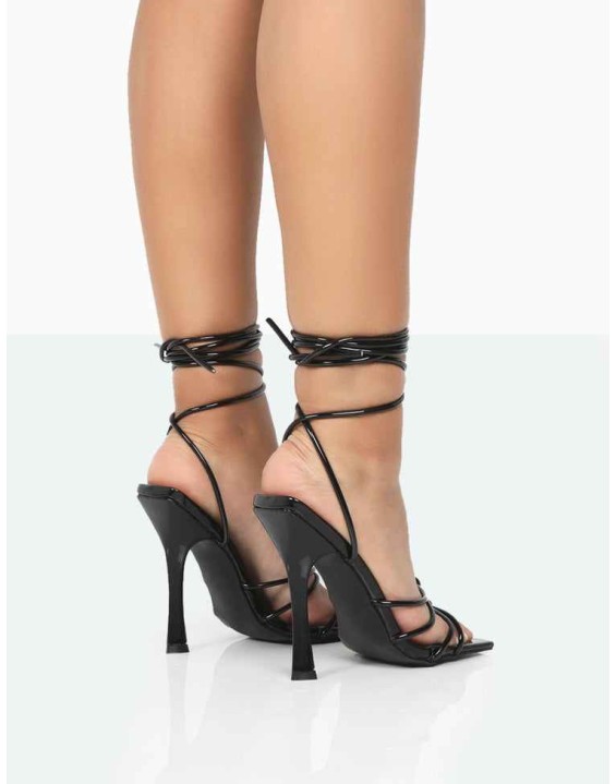 Humble Black Patent Strappy Lace up Stiletto Square Toe Heels