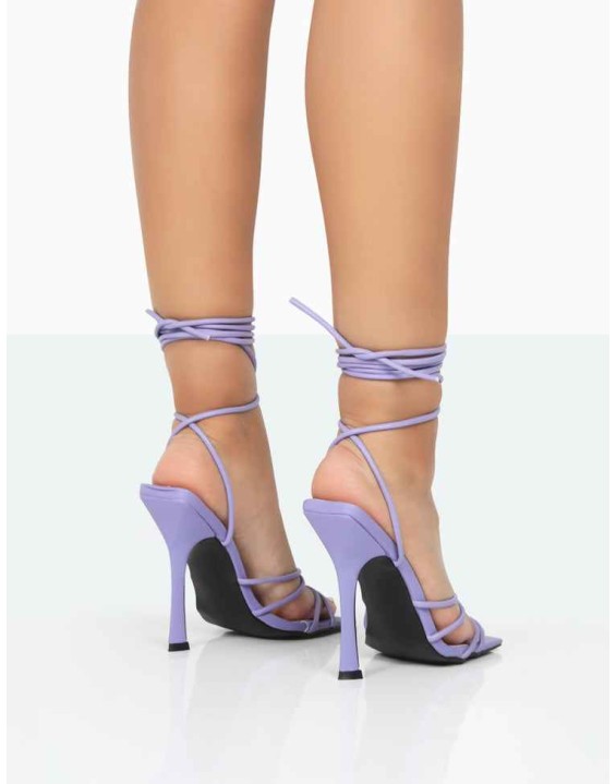 Humble Purple PU Strappy Lace up Stiletto Square Toe Heels