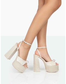 Mia Ecru Satin Pearl Open Toe Block Platform Heels