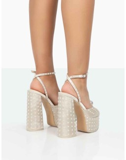 Mia Ecru Satin Pearl Open Toe Block Platform Heels