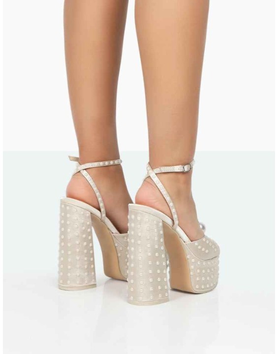 Mia Ecru Satin Pearl Open Toe Block Platform Heels