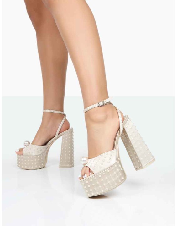 Mia Ecru Satin Pearl Open Toe Block Platform Heels