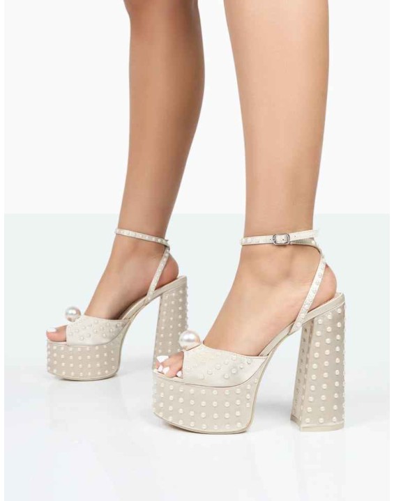 Mia Ecru Satin Pearl Open Toe Block Platform Heels