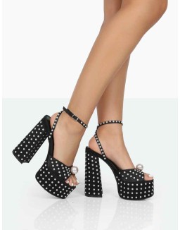 Mia Black Satin Pearl Open Toe Block Platform Heels