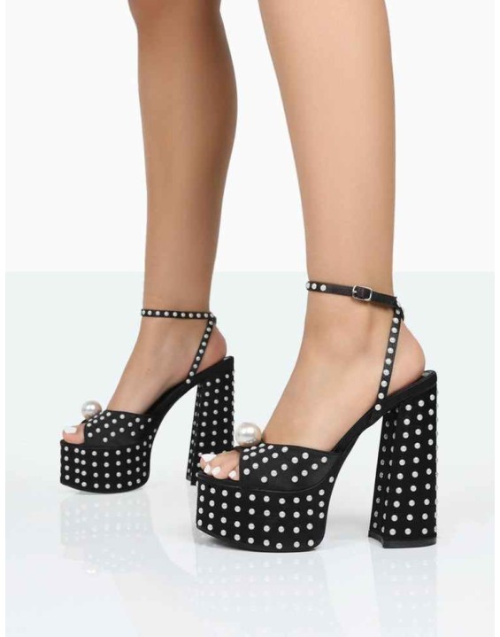 Mia Black Satin Pearl Open Toe Block Platform Heels