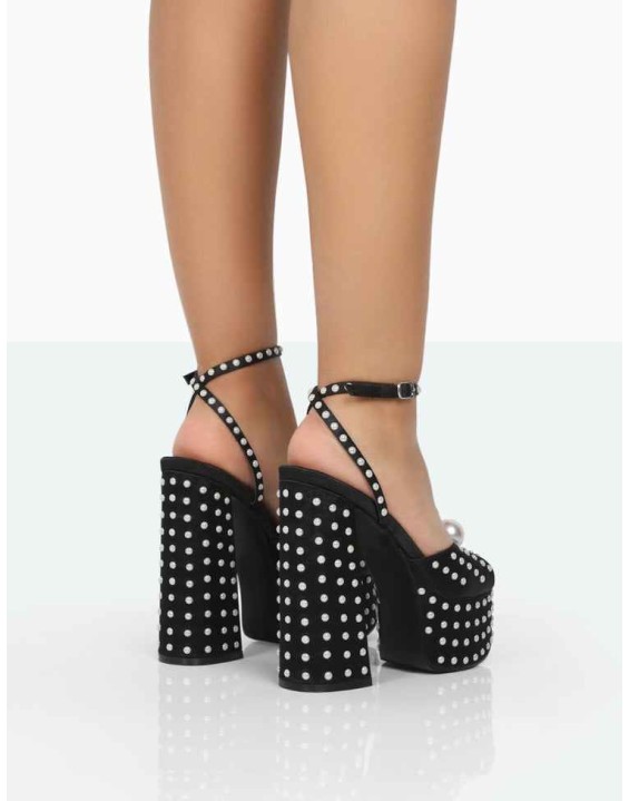 Mia Black Satin Pearl Open Toe Block Platform Heels