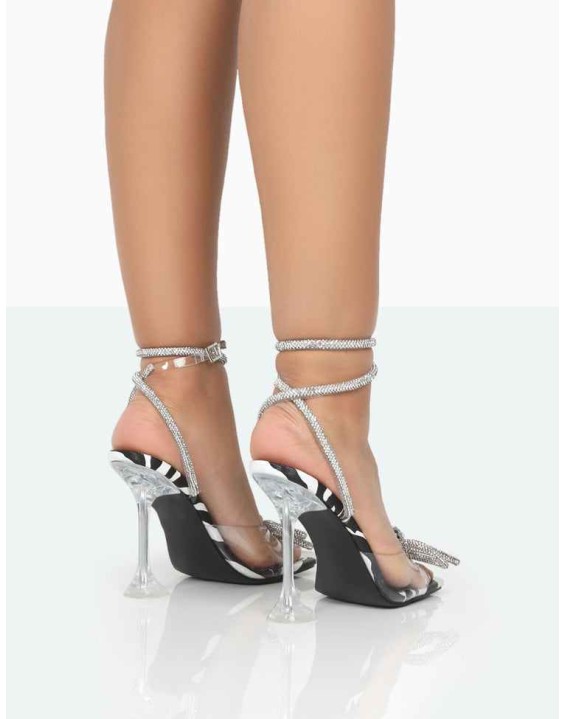 Glimmer Zebra Monochrome Wrap Around Sparkly Diamante Bow Square Toe Heels