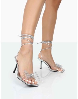 Peony Silver Croc PU Strappy Bow Square Toe Stiletto Heels