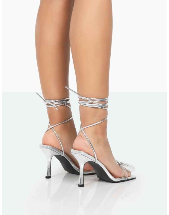 Peony Silver Croc PU Strappy Bow Square Toe Stiletto Heels
