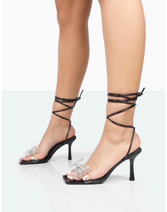 Peony Black Patent PU Strappy Bow Square Toe Stiletto Heels