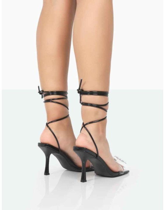 Peony Black Patent PU Strappy Bow Square Toe Stiletto Heels