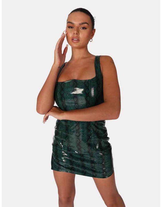 SNAKE PU CORSET MINI DRESS GREEN