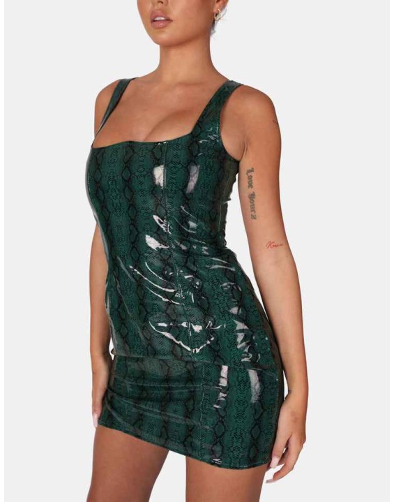 SNAKE PU CORSET MINI DRESS GREEN