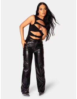 ASYMMETRIC WAISTBAND PU CARGO TROUSERS BLACK