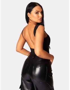 ASYMMETRIC WAISTBAND PU CARGO TROUSERS BLACK