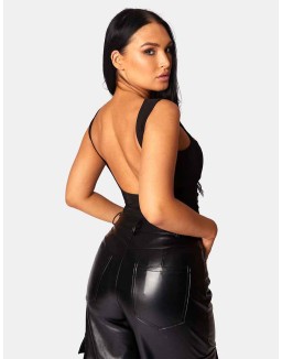 ASYMMETRIC WAISTBAND PU CARGO TROUSERS BLACK