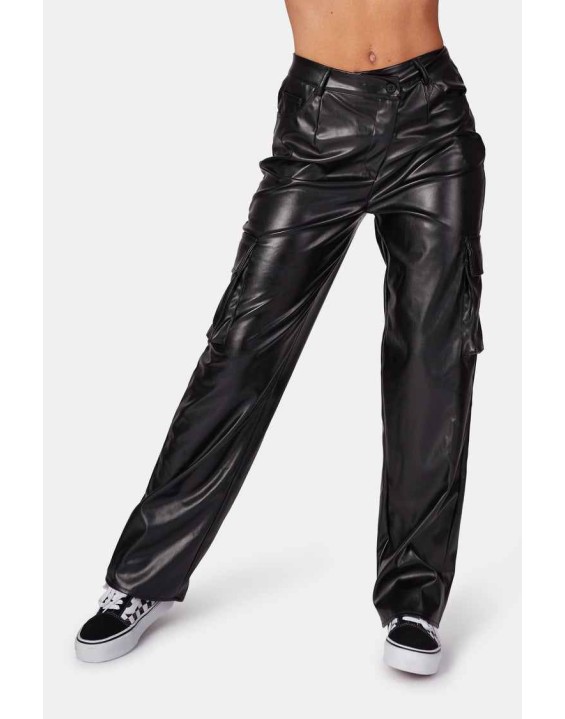 ASYMMETRIC WAISTBAND PU CARGO TROUSERS BLACK