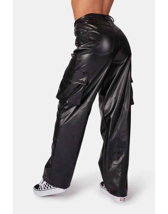 ASYMMETRIC WAISTBAND PU CARGO TROUSERS BLACK