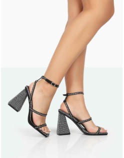 Skye Black Faux Suede Sparkly Diamante Open Toe Block High Heels