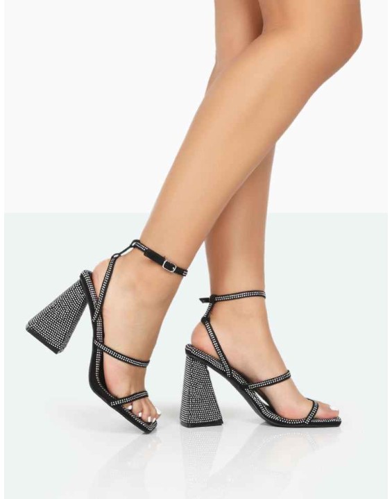 Skye Black Faux Suede Sparkly Diamante Open Toe Block High Heels