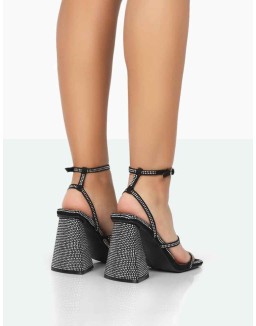 Skye Black Faux Suede Sparkly Diamante Open Toe Block High Heels