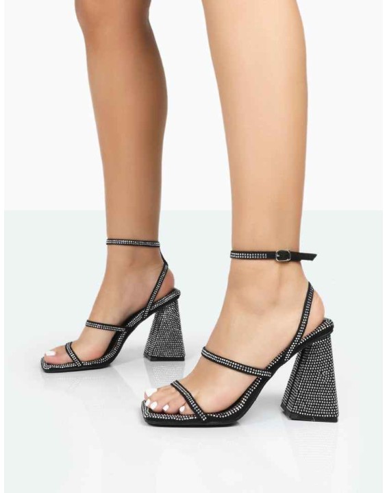 Skye Black Faux Suede Sparkly Diamante Open Toe Block High Heels