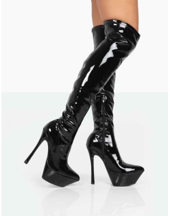Trixie Black Patent Stiletto Platform Over the Knee Boots