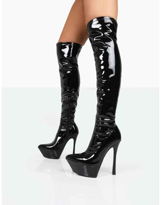 Trixie Black Patent Stiletto Platform Over the Knee Boots