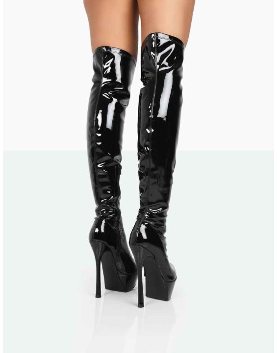 Trixie Black Patent Stiletto Platform Over the Knee Boots