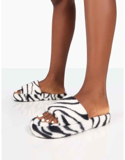 Vale Zebra Faux Fur Fluffy Slider Slippers