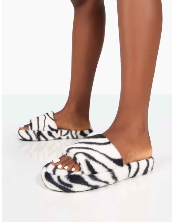 Vale Zebra Faux Fur Fluffy Slider Slippers