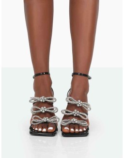 Amelia Black Patent Sparkly Diamante Strappy Bow Square Toe Stiletto High Heels