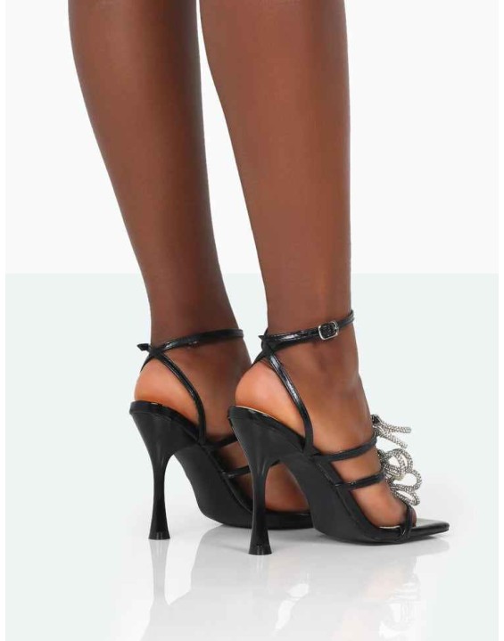 Amelia Black Patent Sparkly Diamante Strappy Bow Square Toe Stiletto High Heels