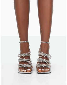Amelia Silver Mirror Sparkly Diamante Strappy Bow Square Toe Stiletto High Heels